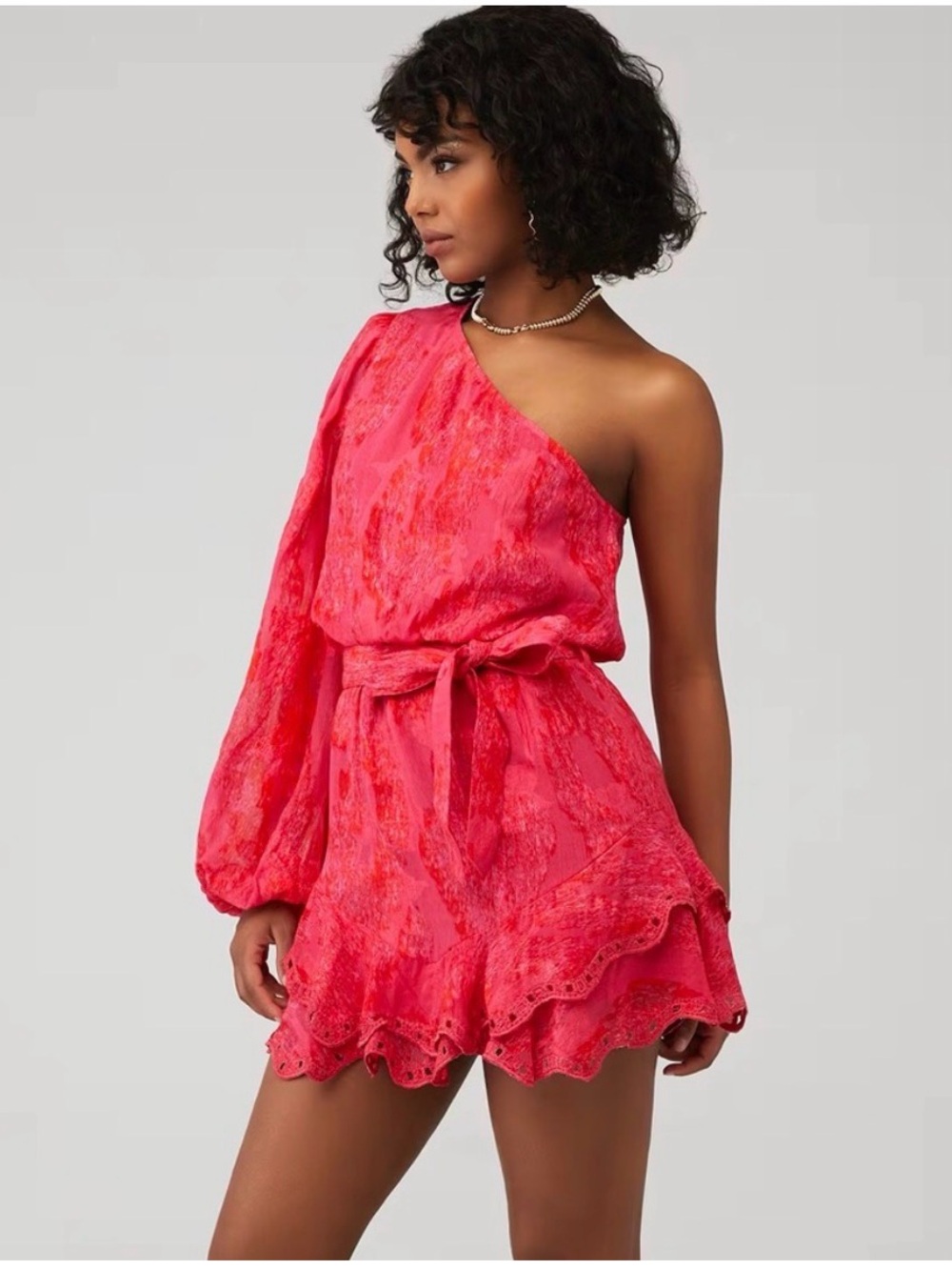 HEMANT & NANDITA One-Shoulder Hot Pink Lace Romper with Tie Waist